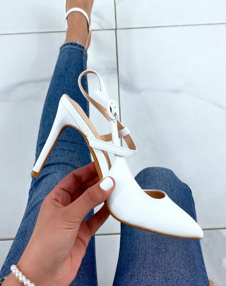 White open-toe stiletto heel pumps