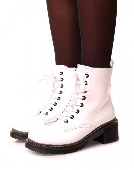 White patent lace-up high ankle boots