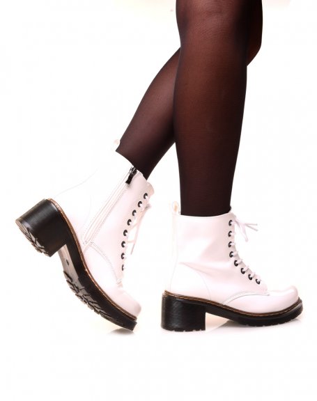White patent lace-up high ankle boots