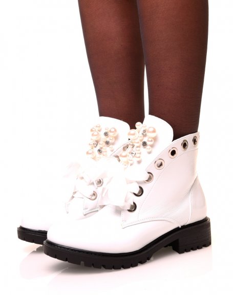 White patent laced ankle boots with openwork pearls