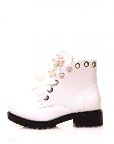 White patent laced ankle boots with openwork pearls