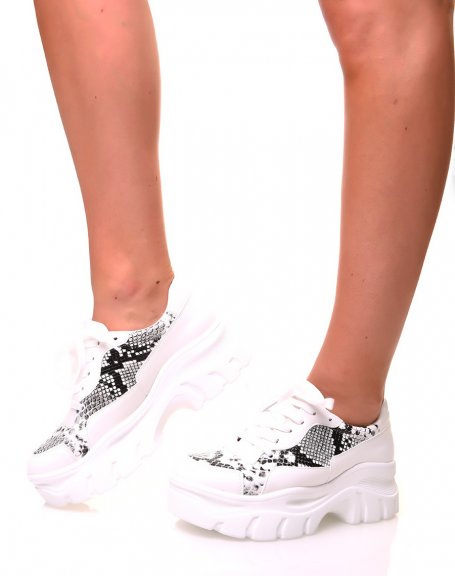 White platform sneakers with python print