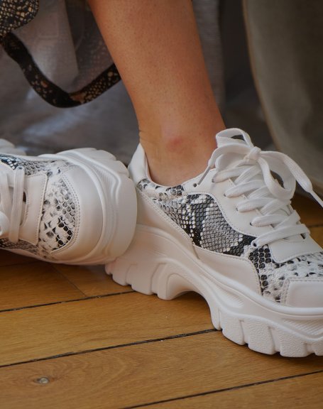 White platform sneakers with python print