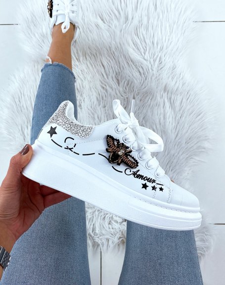 White platform sneakers with silver insert