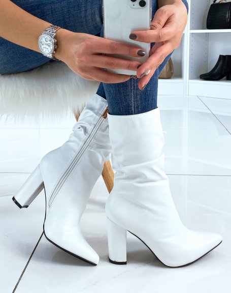 White Pleated Pointed Toe Heeled Ankle Boots