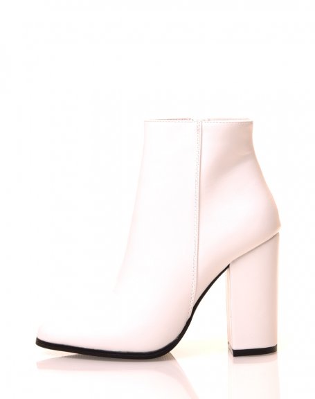 White Pointed Toe Block Heel Ankle Boots