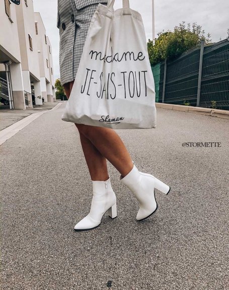 White Pointed Toe Square Heel Ankle Boots