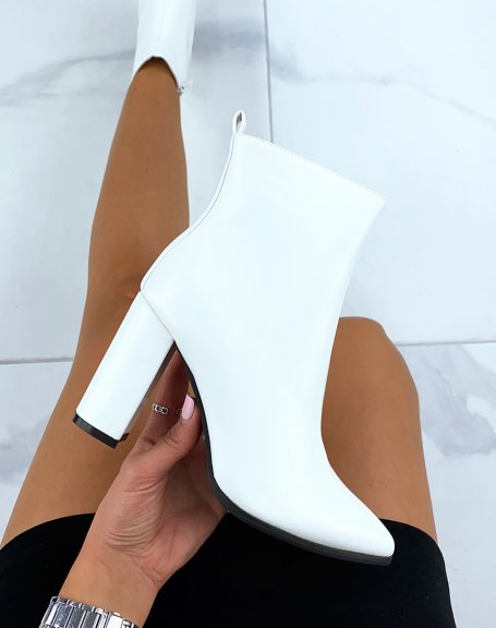 White Pointed Toe Square Heel Ankle Boots