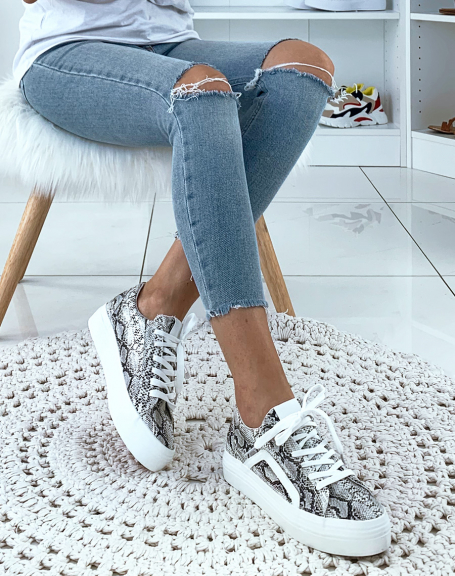 White python-effect platform and paneled sneakers