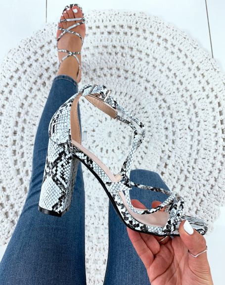 White sandal with python-effect square heel
