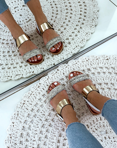 White sandals with big golden strap