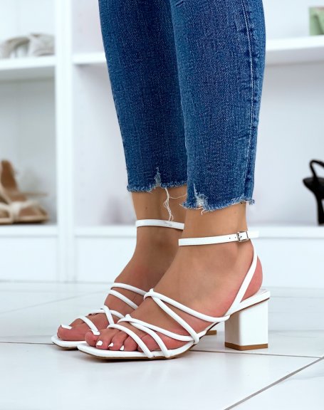 White sandals with heel and multiple straps