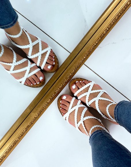White sandals with multiple braided straps