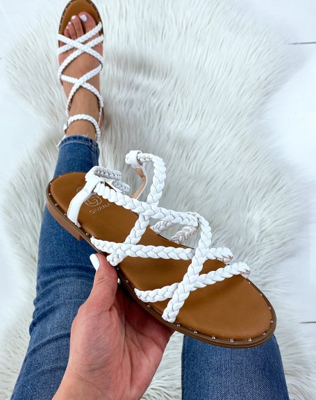 White sandals with multiple braided straps