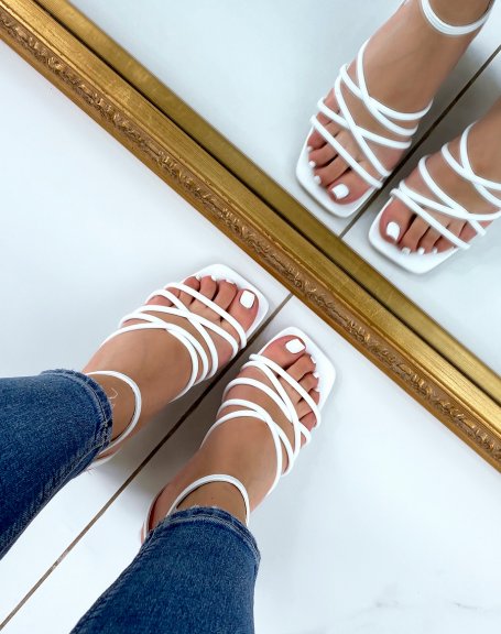 White sandals with square heel and multiple thin straps