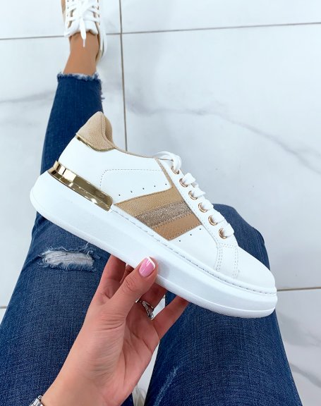 White sneakers with beige and gold glitter inserts