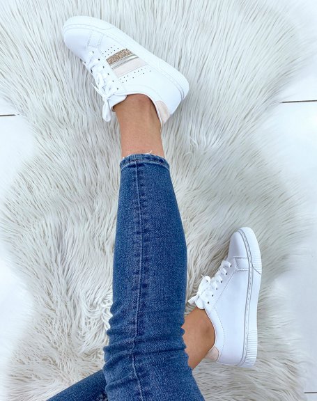 White sneakers with beige and silver triple inserts