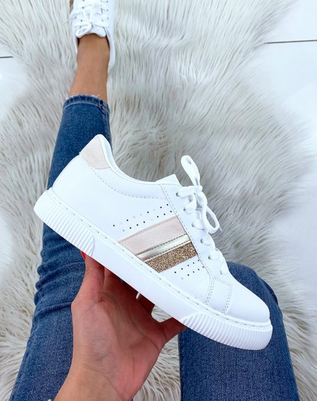 White sneakers with beige and silver triple inserts