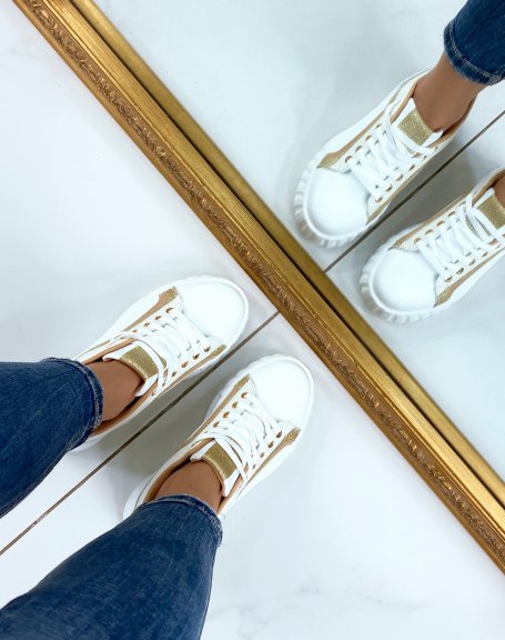 White sneakers with beige inserts and gold sequins