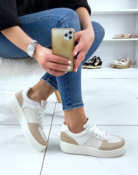 White sneakers with beige inserts and sequins