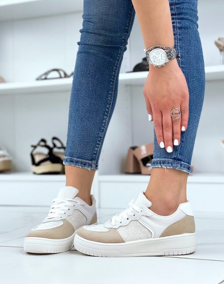 White sneakers with beige inserts and sequins