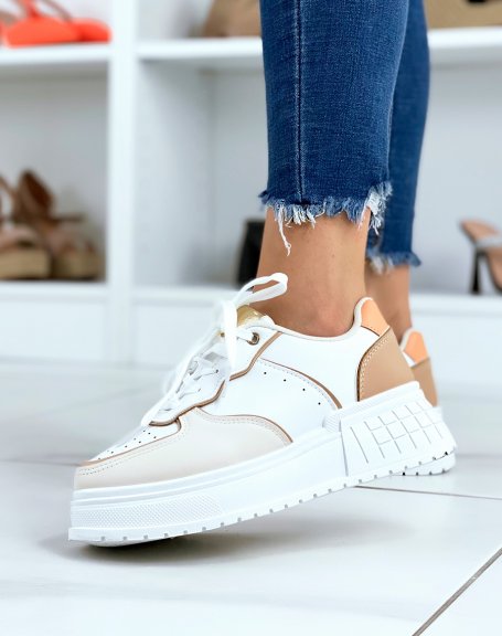 White sneakers with beige inserts and thick sole