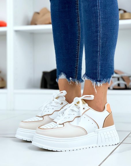 White sneakers with beige inserts and thick sole