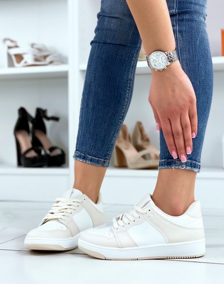 White sneakers with beige inserts and thin sole