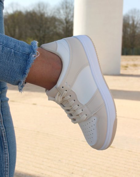 White sneakers with beige inserts and thin sole