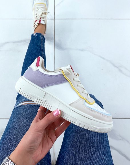 White sneakers with beige, purple, pink, yellow and blue inserts