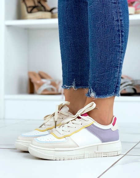 White sneakers with beige, purple, pink, yellow and blue inserts