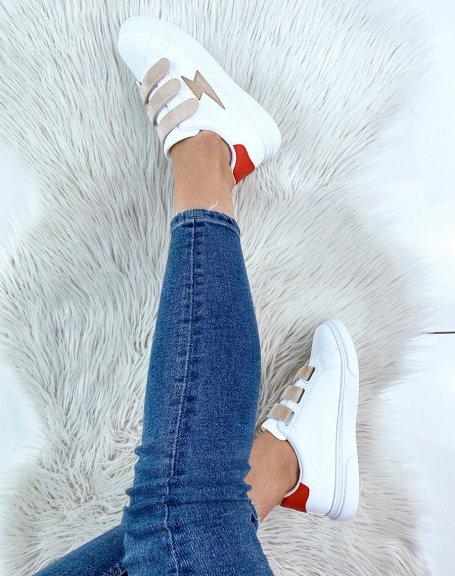 White sneakers with beige suede velcro