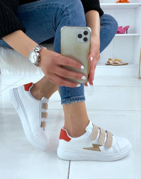 White sneakers with beige suede velcro