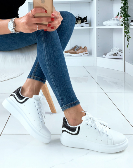 White sneakers with black croc-effect and white inserts