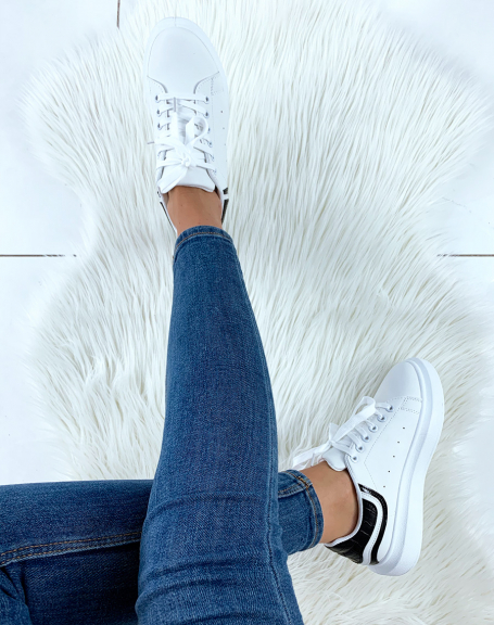 White sneakers with black croc-effect and white inserts