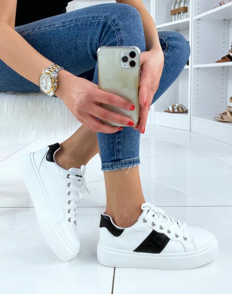 White sneakers with black croc-effect panels