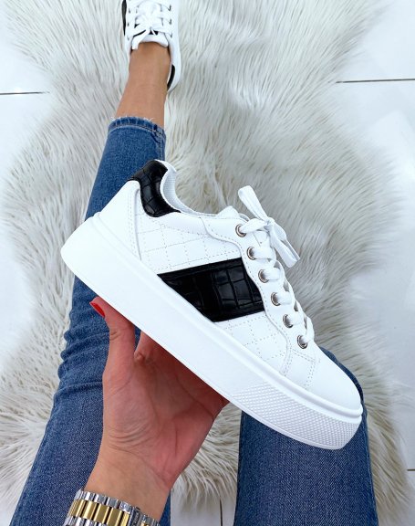 White sneakers with black croc-effect panels