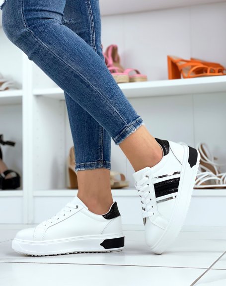 White sneakers with black, croco and silver inserts