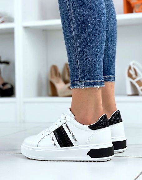 White sneakers with black, croco and silver inserts