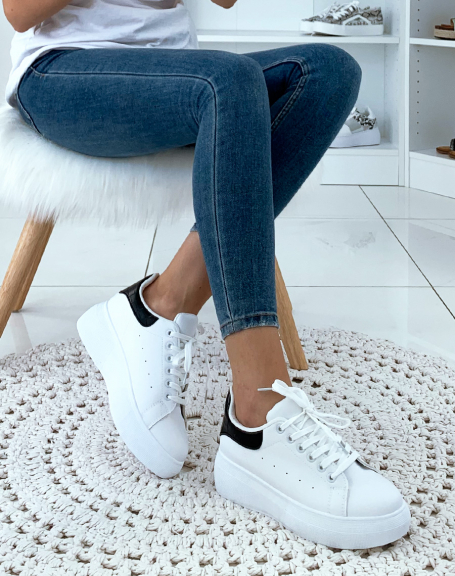 White sneakers with black croco insert