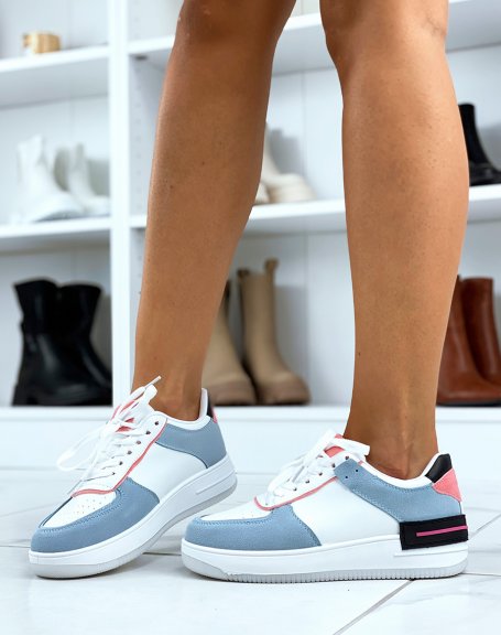 White sneakers with black, gray, pink and pastel blue panels