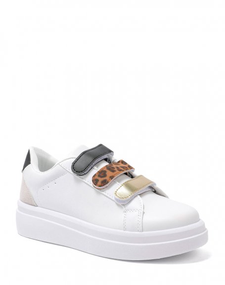 White sneakers with black, leopard and gold scratch