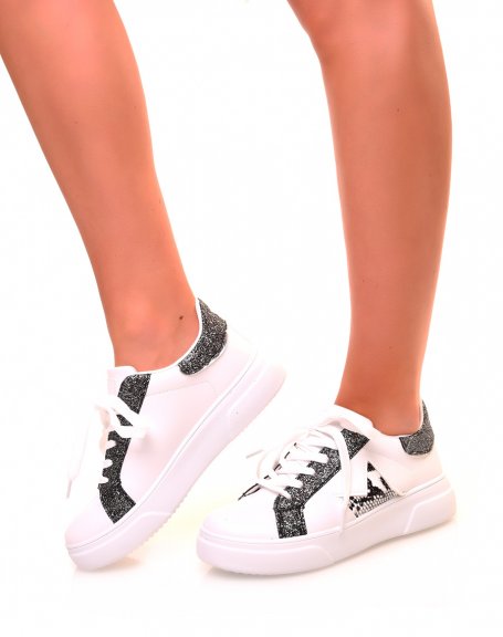 White sneakers with black sequins and crocodile inserts