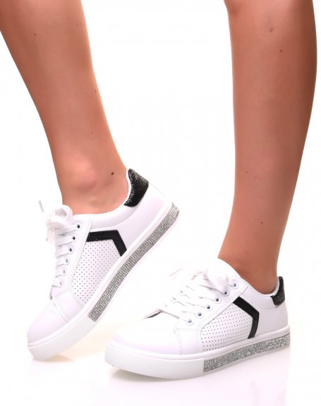 White sneakers with black sequins and rhinestone soles
