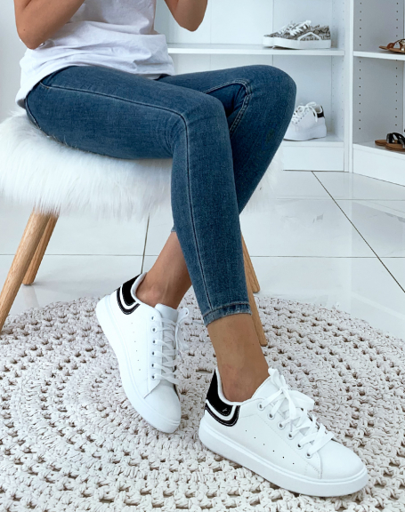 White sneakers with black yoke and glitter
