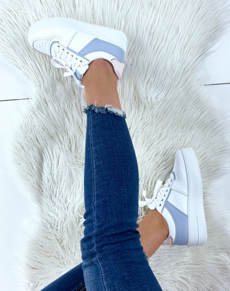 White sneakers with blue and pink yoke