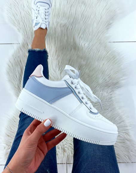 White sneakers with blue and pink yoke