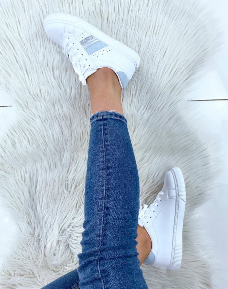 White sneakers with blue and silver triple inserts