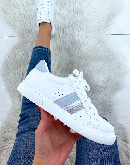 White sneakers with blue and silver triple inserts