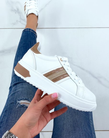 White sneakers with brown inserts and croco effect